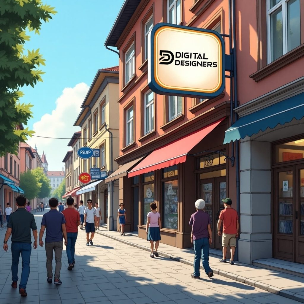 Fațadă urbană cu logo-uri de business locale – exemplu de branding vizual pentru afaceri mici din România